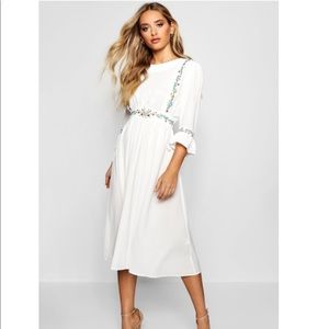 Boohoo Embroidered ruffle sleeve white midi dress